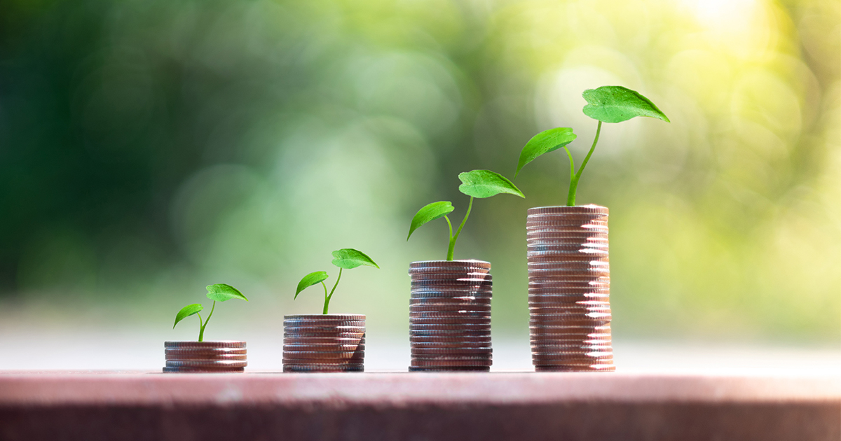 plants sprouting out of coins stacked