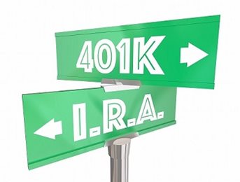 street signs pointing to 401k one way and ira another way